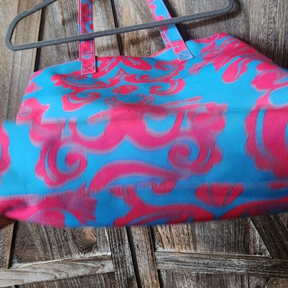 Lilly Pulitzer for Estee Lauder Pink Blue Crabs Shells Canvas Tote Beach Bag EUC - Picture 8 of 8